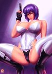  belt boots breasts cameltoe cleavage fingerless_gloves ghost_in_the_shell ghost_in_the_shell_stand_alone_complex gloves gun high_heel_boots high_heels highleg highleg_leotard kusanagi_motoko large_breasts leotard lipstick looking_at_viewer makeup pistol purple_hair red_eyes short_hair solo spread_legs squatting svoidist thighhighs weapon white_legwear 