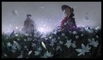  2girls back bloodborne bonnet coat cravat dress field flower from_software hat kzcjimmy lady_maria_of_the_astral_clocktower looking_at_viewer multiple_girls outdoors petals plain_doll poncho ponytail silver_hair 