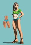  1girl alternate_costume ass back bare_legs blue_background breasts capcom concept_art crop_top crop_top_overhang female full_body laura_matsuda legs long_hair looking_at_viewer no_bra official_art short_shorts simple_background smile solo street_fighter street_fighter_v thong underboob 