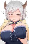  bangs blush breast_grab breasts brown_eyes camieux cleavage draph grabbing granblue_fantasy highres hood horns large_breasts long_hair low_twintails open_mouth silver_hair solo_focus swept_bangs tears twintails upper_body yukaiyan 