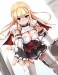  armor bangs blonde_hair blue_eyes blunt_bangs blush breasts cape cleavage eto eyebrows_visible_through_hair fingerless_gloves gauntlets gloves greaves hands highres large_breasts long_hair looking_at_viewer md5_mismatch original outstretched_hand pauldrons resized skirt smile solo sword upscaled weapon 