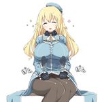  ^_^ atago_(kantai_collection) beret black_gloves black_legwear blonde_hair blush breasts closed_eyes commentary_request flower frilled_sleeves frills fur gloves hat highres kantai_collection large_breasts legs_together long_hair long_sleeves military military_uniform open_mouth pantyhose patting_lap simple_background sitting smile solo uchiage_cola uniform white_background 