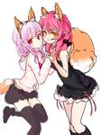  animal_ears black_legwear blush breasts ch2o cosplay costume_switch crossover fang fate/extra fate_(series) fox_ears fox_tail guilty_crown hair_ornament headband highres hood hoodie long_hair looking_at_viewer multiple_girls pink_hair red_eyes smile tail tamamo_(fate)_(all) tamamo_no_mae_(fate) tamamo_no_mae_(fate)_(cosplay) thighhighs twintails yellow_eyes yuzuriha_inori yuzuriha_inori_(cosplay) 