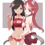  animal_ears ass ass_cutout blush bra breasts brown_hair butt_crack cat_cutout cat_ear_panties cat_lingerie cleavage cleavage_cutout dark_skin dog_ears dog_tail federica_n_doglio frills green_eyes katuhata long_hair looking_at_viewer looking_back medium_breasts meme_attire minna-dietlinde_wilcke multiple_girls navel panties paw_pose red_bra red_eyes red_hair red_panties side-tie_panties sideboob smile strike_witches tail underwear wolf_ears wolf_tail world_witches_series 