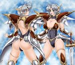  1girl armor ass back backless_outfit blue_eyes blush breasts cleavage esitoyo faulds huge_ass huge_breasts langrisser leotard open_mouth sherry_(langrisser) shiny shiny_hair shiny_skin short_hair silver_hair smile solo standing sword thong thong_leotard weapon 