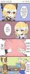  4koma arm_warmers blonde_hair bow closed_eyes comic commentary food fuente green_eyes grin hair_bow hands_on_own_head heavy_breathing highres korean kurodani_yamame mizuhashi_parsee multiple_girls omelet open_mouth pointy_ears rock_paper_scissors shopping_basket smile sushi sweat tamagoyaki touhou translated yellow_eyes 