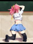  arms_up artist_name ass black_legwear blue_eyes blush breasts butt_crack chalkboard classroom curvy fairy_tail female from_behind gaston18 hair_ornament hair_ribbon indoors kneeling looking_at_viewer looking_back midriff no_shoes on_floor pink_hair pleated_skirt profile red_hair sailor_collar school school_uniform serafuku sheria_blendy side_ponytail skindentation skirt smile socks soles solo thighhighs thighs wide_hips zettai_ryouiki 