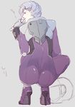 angelo_sauper ass back bodysuit crouching full_body grey_background gundam gundam_unicorn high_heels looking_away male_focus open_mouth shiny_clothes silver_hair simple_background snj squatting wavy_hair 