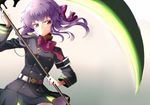  belt black_skirt hair_ornament hiiragi_shinoa holding holding_weapon long_hair owari_no_seraph purple_hair red_eyes scythe seki_(geppuku_shokudou) skirt smile solo uniform weapon 