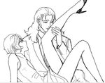  2boys angelo_sauper crossdressing dress full_frontal half-closed_eyes high_heels holding_legs legs lineart long_hair male_focus monochrome multiple_boys open_mouth simple_background skirt sleeveless wavy_hair white_background yaoi 