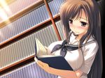  1girl applemint blush book breasts brown_eyes brown_hair female game_cg large_breasts long_hair muriyari_de_mo_kanjichau_inran_tosho_iin oshibana_shiori school_uniform serafuku short_sleeves solo sunbeam upper_body yukirin 