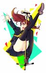  1girl artist_request ass atlus between_legs brown_eyes kujikawa_rise legs long_hair megami_tensei microphone okome6226 open_mouth panties persona persona_4 red_hair school_uniform shin_megami_tensei skirt smile solo thighhighs twintails underwear 
