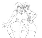  2girls ass back bare_shoulders blush breast_press breastless_clothes breasts female gloves hajime_shindo hand_on_hip hips huge_breasts large_breasts legwear leotard long_hair looking_at_viewer mazaki_anzu monochrome multiple_girls naughty_face navel open_mouth short_hair simple_background sketch skin_tight smile solo symmetrical_docking tenjouin_asuka thighhighs white_background yu-gi-oh! yuu-gi-ou_duel_monsters yuu-gi-ou_gx 