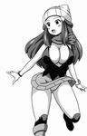  1girl blush breasts female hikari_(pokemon) koutarosu large_breasts legs long_hair monochrome nintendo panties panty_shot pantyshot pokemon skirt solo underwear 