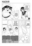  1girl admiral_(kantai_collection) comic commentary doraemon doraemon_(character) drum_(container) english english_commentary glasses greyscale kantai_collection mirror monochrome ooyodo_(kantai_collection) steel_ingot sweatdrop wangphing 