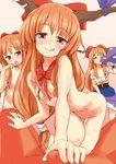  3girls bow brown_eyes brown_hair caressing_testicles fang horns ibuki_suika long_hair multiple_girls murasaki_orange naughty_face nipples open_mouth pov small_breasts testicles tongue touhou 