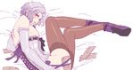  1boy angelo_sauper blush corset crossdressing elbow_gloves garters gloves gundam gundam_unicorn high_heels legs legwear long_legs looking_at_viewer male_focus money nipple nipples open_mouth purple_eyes ribbon silver_hair snj solo stockings thighhighs wavy_hair 