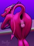  anus backsack balls benign_light bent_over gaping girly horn long_ears looking_at_viewer looking_back male open_mouth presenting raised_tail red_skin scalie signature solo spade_tail 
