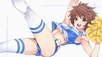  armpits belt breasts brown_eyes brown_hair cheerleader crop_top crop_top_overhang end_card highres kobayakawa_yuuka matsuryuu medium_breasts midriff navel official_art open_mouth pom_poms short_hair short_shorts shorts shoujo-tachi_wa_kouya_wo_mezasu sleeveless smile solo thighhighs toned underboob 