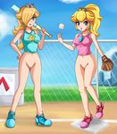  2girls baseball baseball_bat belly_button blonde_hair blue_eyes breasts crown earrings hosenfeld jewelry multiple_girls nintendo nude open_mouth outdoors photoshop princess_peach pussy rosetta_(mario) shirt shoes sigurd_hosenfeld sky super_mario_bros. super_mario_galaxy uncensored 