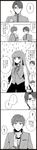  2boys absurdres comic eating emiya_shirou fate/extra fate/stay_night fate_(series) glasses greyscale highres homurahara_academy_uniform kisaki_(kisaki23) kishinami_hakuno_(female) long_hair long_image monochrome multiple_boys pointing pointing_at_self ryuudou_issei school_uniform short_hair sweatdrop tall_image translated 