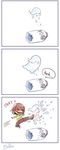  3koma :d androgynous ankle_boots boots brown_hair chara_(undertale) comic commentary evil_grin evil_smile fangs flying_kick ghost giving_up_the_ghost grin hato_moa headphones kicking mettaton mettaton_(ghost) napstablook open_mouth red_eyes shirt shorts signature simple_background smile solid_circle_eyes spoilers striped striped_shirt tears teeth undertale white_background 
