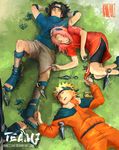  3boys ankle_wraps black_hair blonde_hair forehead_protector grass haruno_sakura kanzzzaki kunai lying multiple_boys naruto pink_hair shuriken sleeping spiked_hair uchiha_sasuke uzumaki_naruto weapon whiskers wrist_wraps 