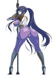  1girl akiyama_rinko aoi_nagisa_(artist) ass back blue_hair blush bodysuit breasts cameltoe female full_body huge_ass large_breasts legs long_hair looking_at_viewer looking_back partially_visible_vulva ponytail solo taimanin_yukikaze very_long_hair 