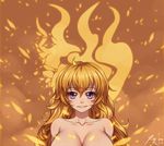  2016 ahoge bad_id bad_pixiv_id bare_shoulders blonde_hair blush breasts cleavage dated embers large_breasts long_hair looking_at_viewer purple_eyes rwby smile solo upper_body yang_xiao_long zerg309 