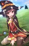  asymmetrical_legwear bandaged_leg bandages black_hair black_legwear blush cape cloud day dress grass hat highres kneeling kono_subarashii_sekai_ni_shukufuku_wo! long_hair looking_at_viewer megumin naitou_kirara open_mouth orange_eyes outdoors red_dress sitting sky solo suggestive_fluid thighhighs toad wariza wavy_mouth witch_hat 