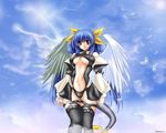  blue_hair breasts dizzy female guilty_gear long_hair outdoors red_eyes short_hair simple_background sky smile solo tail tomoya_kankurou wallpaper wings 