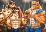  2019 abs absurd_res anthro biceps canid canine canis chest_tuft clothing digital_media_(artwork) domestic_dog enaeric felid fur hi_res male mammal muscular muscular_male nipples otake pantherine pecs tan_fur tiger tuft 