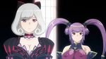  2girls breasts choker cleavage earrings erect_nipples jewelry large_breasts long_hair multiple_girls ponytails purple_eyes purple_hair queen&#039;s_blade queen&#039;s_blade_grimoire queen's_blade queen's_blade_grimoire seiten_(queen&#039;s_blade) seiten_(queen's_blade) short_hair snow_white_(queen&#039;s_blade) snow_white_(queen's_blade) white_hair 