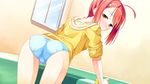  ahoge blush cameltoe closed_mouth female game_cg hair_ornament hairclip hood hoodie ichiban_janakya_dame_desu_ka? isawa_hotaru kinta_(distortion) looking_at_viewer orange_hair panties rosebleu sleeves_rolled_up smile solo underwear white_panties window yellow_eyes 