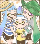  1boy 2girls artist_request blush inkling lip_(coco) multiple_girls pointy_ears purple_eyes splatoon yellow_eyes 