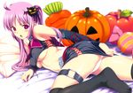  1girl bed blush breasts collar elbow_gloves erect_nipples gloves halloween koutaro long_hair looking_at_viewer looking_back lying navel on_side on_stomach open_mouth panties pink_hair purple_eyes skirt solo thighhighs twintails underboob underwear upskirt 