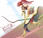  1girl belt boots bow_(weapon) breasts elbow_gloves gloves long_hair midriff nanaly_fletch navel red_eyes red_hair tales_of_(series) tales_of_destiny_2 thigh_boots twintails weapon 