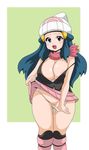  1girl blue_eyes blue_hair blush breasts female hikari_(pokemon) koutarosu nipple nipples panties pokemon pussy simple_background solo underwear 