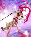  1girl back belt boots bow_(weapon) breasts cleavage elbow_gloves gloves long_hair midriff nanaly_fletch pink_hair purple_eyes short_shorts shorts tales_of_(series) tales_of_destiny_2 thigh_boots twintails weapon 