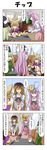  0_0 4girls 4koma alternate_costume apron arms_up black_hair blonde_hair bow bowl bracelet cafeteria cape closed_eyes comic cup dress drinking_glass earmuffs face_mask food fruit gradient_hair green_dress green_eyes green_hair hat hat_ribbon hata_no_kokoro highres hijiri_byakuren indoors jewelry jitome light_brown_hair long_hair long_sleeves looking_at_another mask multicolored_hair multiple_girls new_mask_of_hope pink_eyes pink_hair pointy_hair purple_hair rappa_(rappaya) ribbon rice rice_bowl sandwich shaded_face shirt soga_no_tojiko surprised table touhou toyosatomimi_no_miko translated tray umeboshi very_long_hair waitress wallet yellow_eyes 