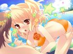  1boy 1girl all_fours bikini blonde_hair blush breasts brown_eyes cleavage flyable_heart game_cg ito_noizi katsuragi_shou open_mouth sumeragi_amane swimsuit unisonshift wet 