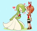  2girls blush bow bowing brown_hair eyes_closed gardevoir haruka_(pokemon) heart multiple_girls nns146 petting pokemon pokemon_oras simple_background 