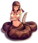  :&lt; artist_name bare_shoulders breast_hold breasts bridal_gauntlets brown_hair commentary criss-cross_halter dated elbow_gloves foxfoot frown gloves green_eyes halterneck head_tilt jewelry lamia large_breasts long_hair looking_at_viewer monster_girl navel original rattlesnake scales simple_background slit_pupils solo very_long_hair white_background white_gloves 