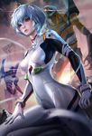  1girl ayanami_rei blue_hair bodysuit eva_00 lens_flare mecha neon_genesis_evangelion parted_lips plugsuit red_eyes sakimichan solo sunset 