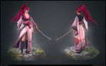  1girl 3d amputee baiken blair_armitage breasts cleavage facial_tattoo full_body guilty_gear hair_over_one_eye japanese_clothes katana looking_at_viewer multiple_views parted_lips pink_hair realistic sash scabbard solo sword tattoo 
