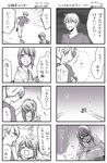  &gt;_&lt; 1girl 4koma anger_vein closed_eyes comforting comic covering_mouth crying dated fume greyscale hand_on_another's_head hand_over_own_mouth highres hoshina_satoya kneeling monochrome multiple_4koma night obi original outdoors petting sash shirt shoes sky t-shirt tears translated trembling twitter_username 