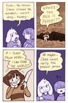  4koma ?? androgynous asriel_dreemurr chara_(undertale) comic commentary english english_commentary frisk_(undertale) hair_over_eyes hand_on_own_cheek highres hole knife monster_boy peppermintbee shirt spoilers striped striped_shirt sweatdrop undertale 