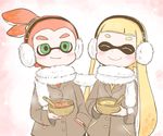  1boy 1girl artist_request blush earmuffs eyes_closed green_eyes inkling lip_(coco) soup splatoon 