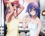  akashiya_moka blue_eyes blue_hair duo female green_eyes indoors long_hair multiple_girls pink_hair rosario+vampire shirayuki_mizore towel wallpaper 