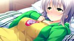  bed blush closed_mouth collarbone female game_cg hood hoodie ichiban_janakya_dame_desu_ka? kinta_(distortion) long_sleeves lying pillow rosebleu shijou_sango short_hair silver_hair sleeves_past_wrists solo yellow_eyes 